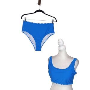 AI'MAGE Blue Bikini with White Trim and High Waist Bottoms NWT Size Large